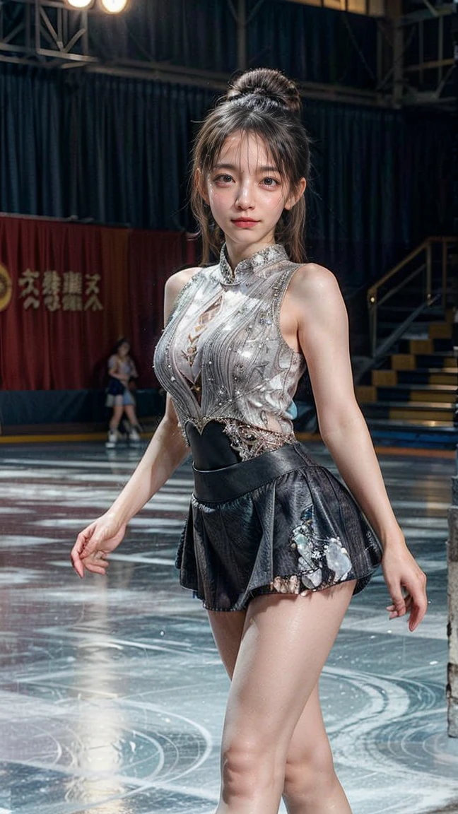 ((((8K))),((Extremely detailed CG)) ,(wallpaper),16K,((Extremely exquisite and beautiful))，(((masterpiece))),(((最OK品质))),(((超high resolution))),Beautiful light,Perfect Lightning,Realistic shadows,[high resolution],(Smooth and flawless fair skin:1.5),(Pale skin:1.3),Extremely delicate facial details,(Perfect body:1.1),Extremely detailed,A girl,Solitary,Small head,(Black Hair:1.1),(OK:1.1),Small face,Exquisite makeup,Slim,Thin,Happy,(Smile:1.2),(Huge breasts:1.5),Towering chest,Lace,see through,(Light blue figure skating skirt with exquisite embroidery:1.3),cleveage,The skirt flutters,(Long legs:1.2),(Round buttocks,Pointy hips),underwear,(stocking:1.1),(ice skating鞋:1.2),(Night view:1.5),indoor,(In the spacious stadium:1.3),(There are many spectators in the stands:1.3),(On the skating rink:1.3),(Detailed background:1.5),(ice skating:1.3),(Dance:1.3),(Dynamic poses:1.2),(Upper Body:1.3),(From the front:1.3),Bright Light