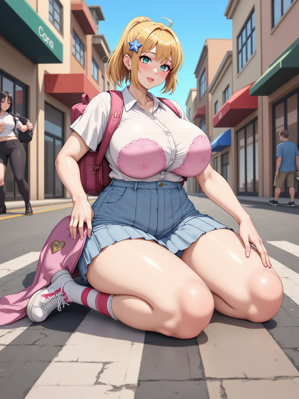 (nsfw),masterpiece,ultra detailed,sharp focus,4k digital art,high resolution,(puffy nipples),(v sign with both hands:1.5),(aroused and blushed:1.7),tareme,(adult beautiful face,curvy adult body:1.3),(upskirt:1.4),(school cardigan:1.3),dress shirt,black socks,(navy and pleated skirt),bow tie,(blonde hair,side ponytail),(dark skin),outdoor,public park,(sweaty:1.2),grinning,(trembling,flying heart-shapes),(squatting and spreading legs),(sexy and laced red undies:1.3),loafers,crowd in background,gigantic breasts,drooling,heart pupils