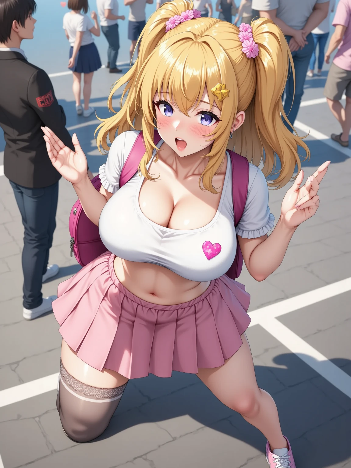 (UHD, retina, masterpiece, accurate, anatomically_correct, textured_skin, super_detail, high_details, high_quality, best_quality, high_res, 1080P, HD, 4K, 8k, 16k), (beautiful_detailed_eyes, beautiful_detailed_lips, extremely_detailed_eyes_and_face), soft_lighting, physically-based_rendering, vivid_colors, (huge_breasts:1.5), (shiny_hair, shiny_skin, tanned_skin, blush), (bangs:1.5), eye_reflection, (bokeh), smile_and_laugh, (pink_seifuku_bra, cropped_seifuku_bra:1.5), full_body_shot, (pink_seifuku), (pink_skirt, very_short_skirt), blonde_hair, midriff, wide_hips, thick_thighs, white_knee_socks,