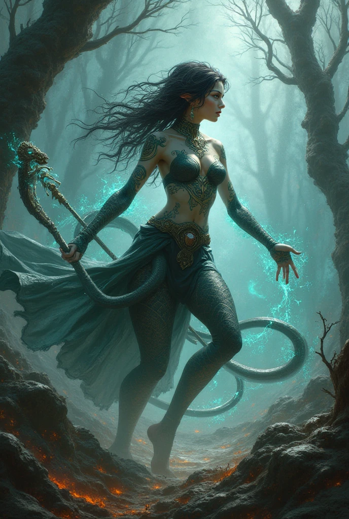 *8k Masterpiece, Top Quality, Best Quality, Official Art, (Beauty and Aesthetics: 1.3), Extremely Detailed, (Fractal Art: 1.3), Colorful, Ice and Chinese Dragon, Serpentine Body, Claw, Cyan and 1 Woman, Han Woman's Media, Hanfu, Cyan
