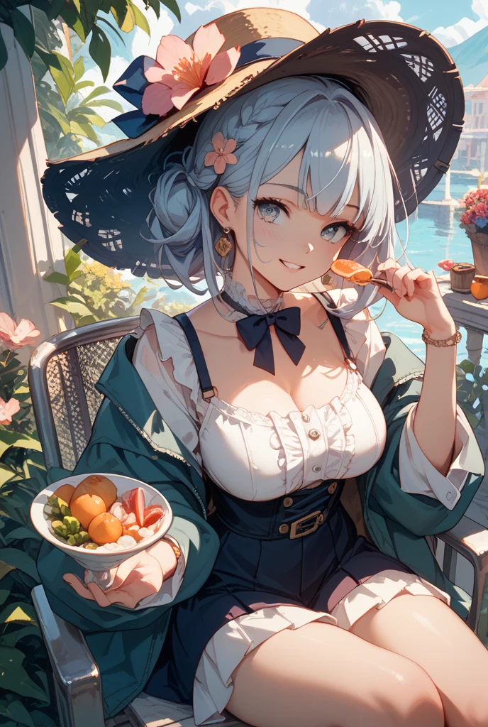 Beautiful girl in a white dress、Super Mini Dress、17 years old、Cleavage、Exposing shoulders、Run、Straw hat、Sammeld Cuisine