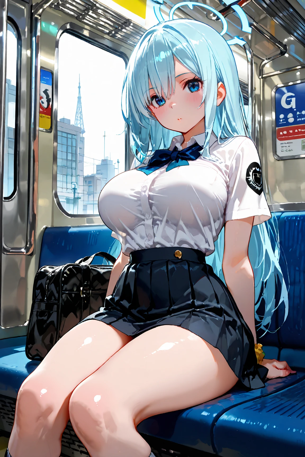From above, (Squint your eyes:1.2), close, One Girl, Rem from Re:Zero、Light blue hair、Shortcuts、Embarrassing、Embarrassed、blush, sit, nsfw,beautiful girl,Wear a uniform, Light blue skirt, Anime move、(huge breasts:1.1)、Exposing the breasts、Bare your breasts、Nipples、on the train、crowded train、a lot of people、Black Pantyhose