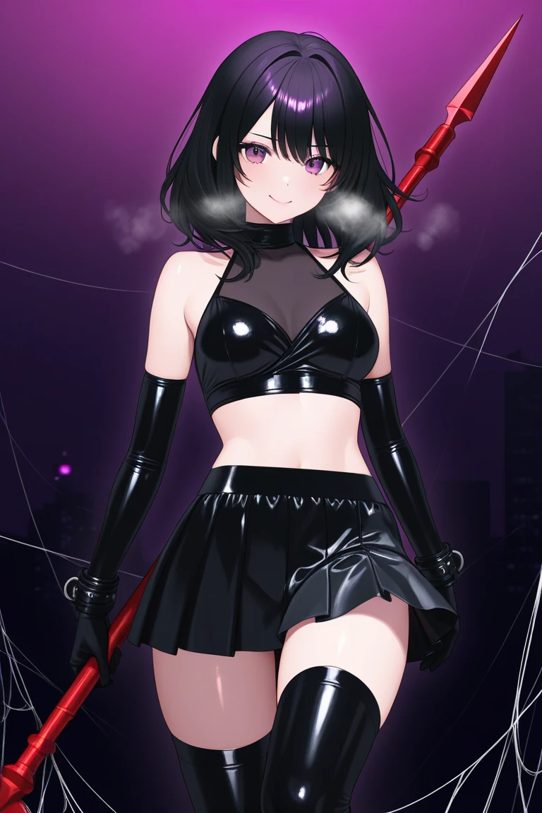 body stocking,Enchantment,Evil Smile,Black short hair,Purple Eye,Medium chest,Red eyeliner,Navel,Beautiful curves,crotch tattoo,Platycodon grandiflorum,Cyberpunk Street