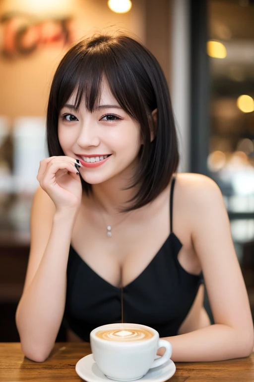 table top, highest quality, 8K, 15 year old student, Ten generations, Raw photo, absurd, award winning portrait, smile, alone, night, neon, idol face, delicate girl, Upper body, Digital single-lens reflex camera, looking at the viewer, Frank, Sophisticated, thin arms, professional lighting, film grain, chromatic aberration, (Eye and face details:1.0), (Bokeh:1.1) , Japanese  , smile , short hair , long hair , huge breasts
