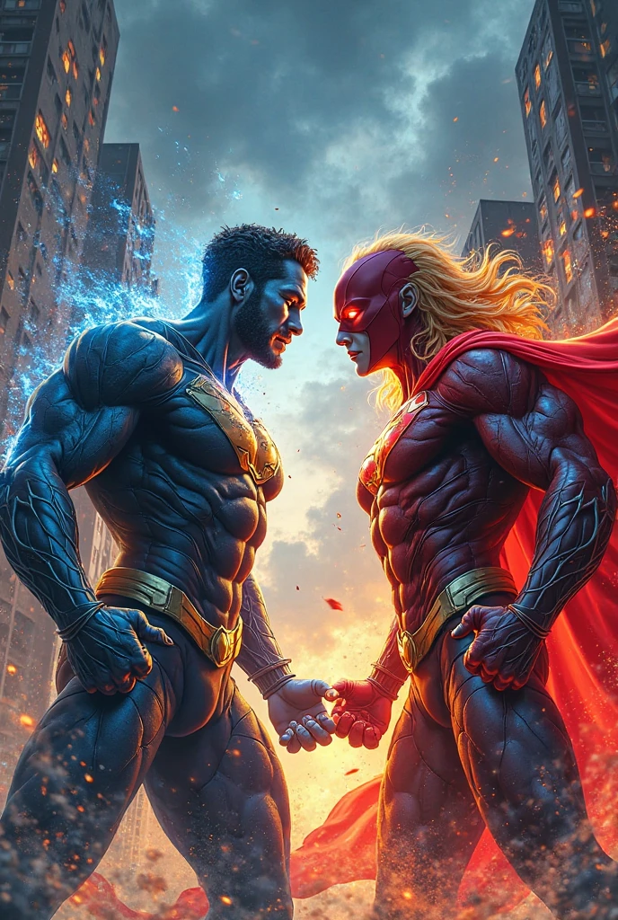 Create two male superheroes One has red hair and is ugly and the other has blue hair and is ugly