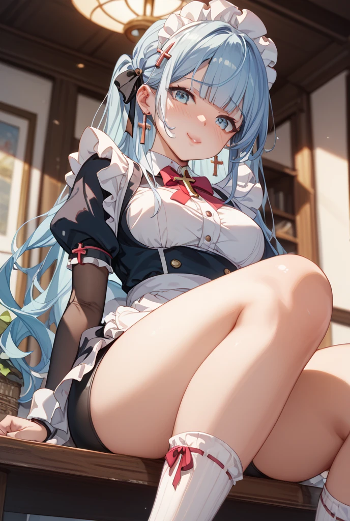 Highest quality, A seductive smile, Spread your legs,See-through clothes,Bunny girl,Blue tights,Big Breasts,Are standing,Back view,