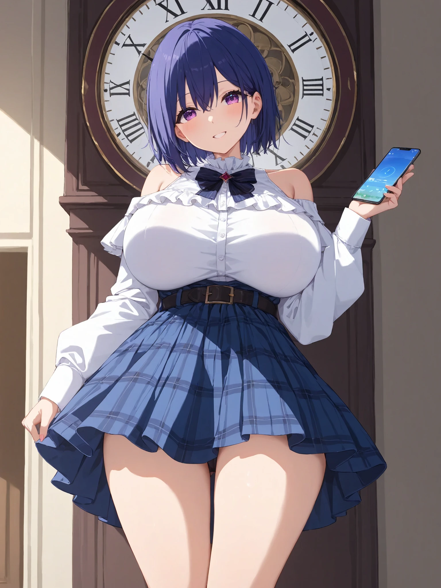 masterpiece,  Highest Quality,  complicated details, high resolution, 
1 woman, solo, 

mash short hair, dark blue hair, purple eyes,
huge breast, huge hips, Young face, Short stature,

In front of the station, in front of the clock, see here,smile,

black neck ribbon, white shirt, frilled collar, long sleeves, plaid dress, blue dress, belt,  white knee socks,  Off Shoulder, fiddles with a smartphone