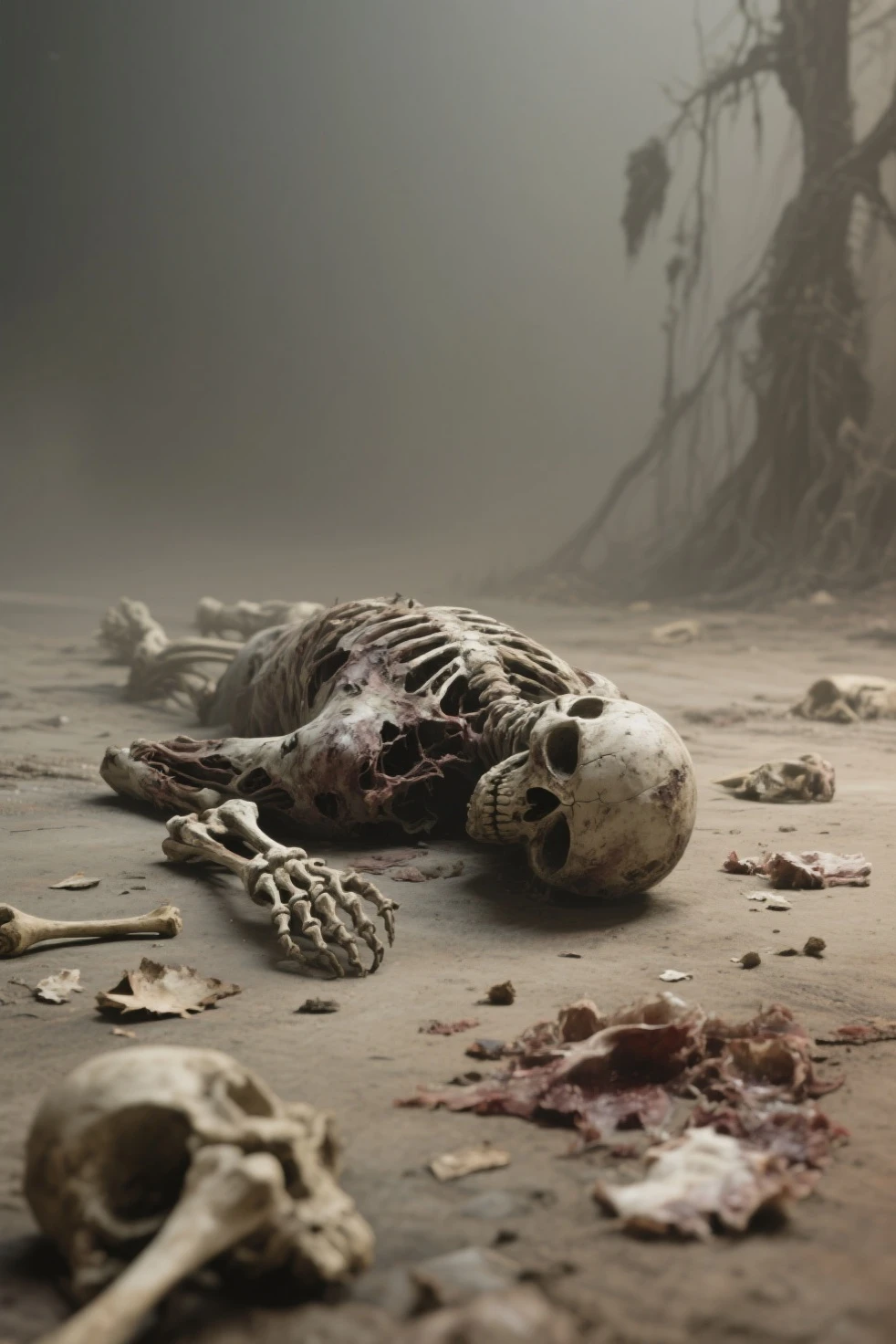 Rotting zombie with angel halo on top of head kneeling alone asking for forgiveness to heaven in the middle of a devastated battlefield, ashes, rotten, blood, bones out, fanciful, looking up, looking up at the sky, image from the side, wingless