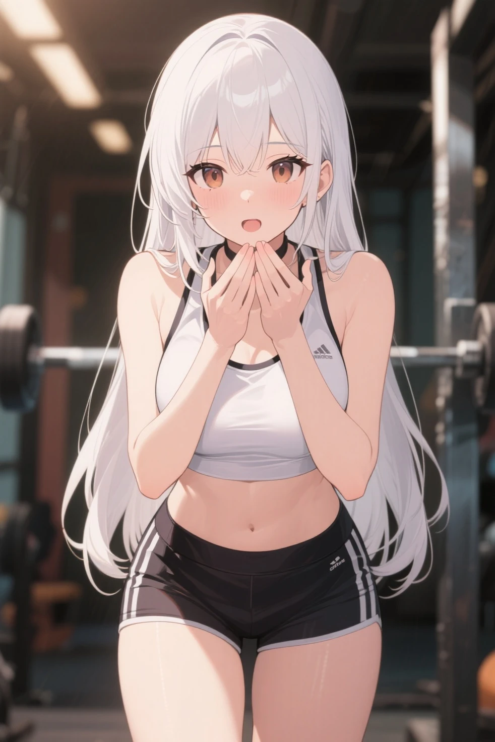 Silver Hair、blue eyes、girl、Small breasts、Twin tails、girl、Small breasts、Lolita、Bright smile、Looks about 15 years old、Petan Musume、He is short、Eye highlights、Sexy thighs、Wearing gym clothes、Sweating