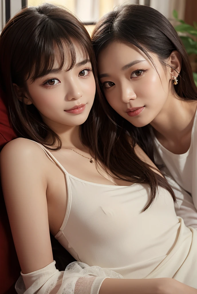 high quality,8K, Detailed facial depiction, Detailed description of the eyes,Angle from directly above,One Woman, Light brown hair(Medium-long hair),Beautiful Japanese Girl,24-years-old,Cute eyes,Cute Smile,Orange floral lace underwear,String panties,Sexy body, Large, plump breast size, Long and beautiful legs,Smiling, Colorful earrings,necklace,Are standing,Beautiful nape,Japanese style room,Feminine and sexy gestures,wind chimes,A Japanese-style room with tatami mats and futons,Lying on your back on a futon,Sleeping facing up