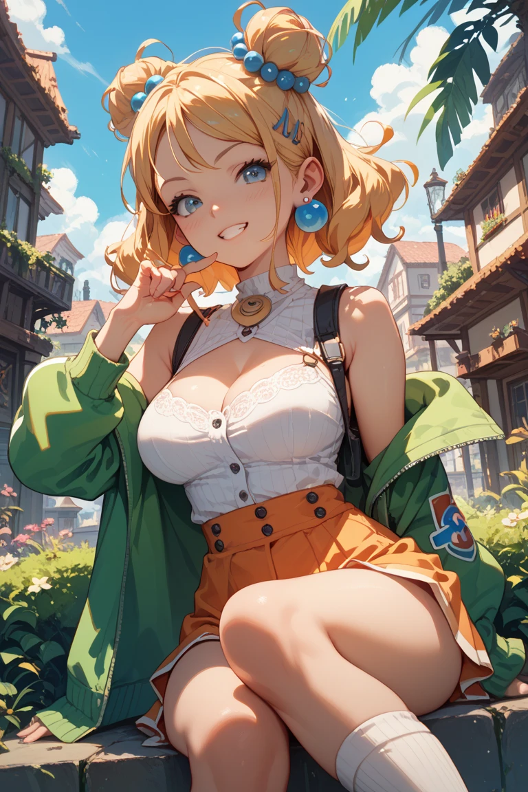 anime、High resolution、Gentle smile、Magazine cover style、Sensational headlines、Casual jacket and shirt、neakers、A busty, chubby girl shows off her charms at an autumn campsite、Perfect proportions、Cowboy Shot、Very big saggy 、Fatty legs、Sweaty、Clear eyes