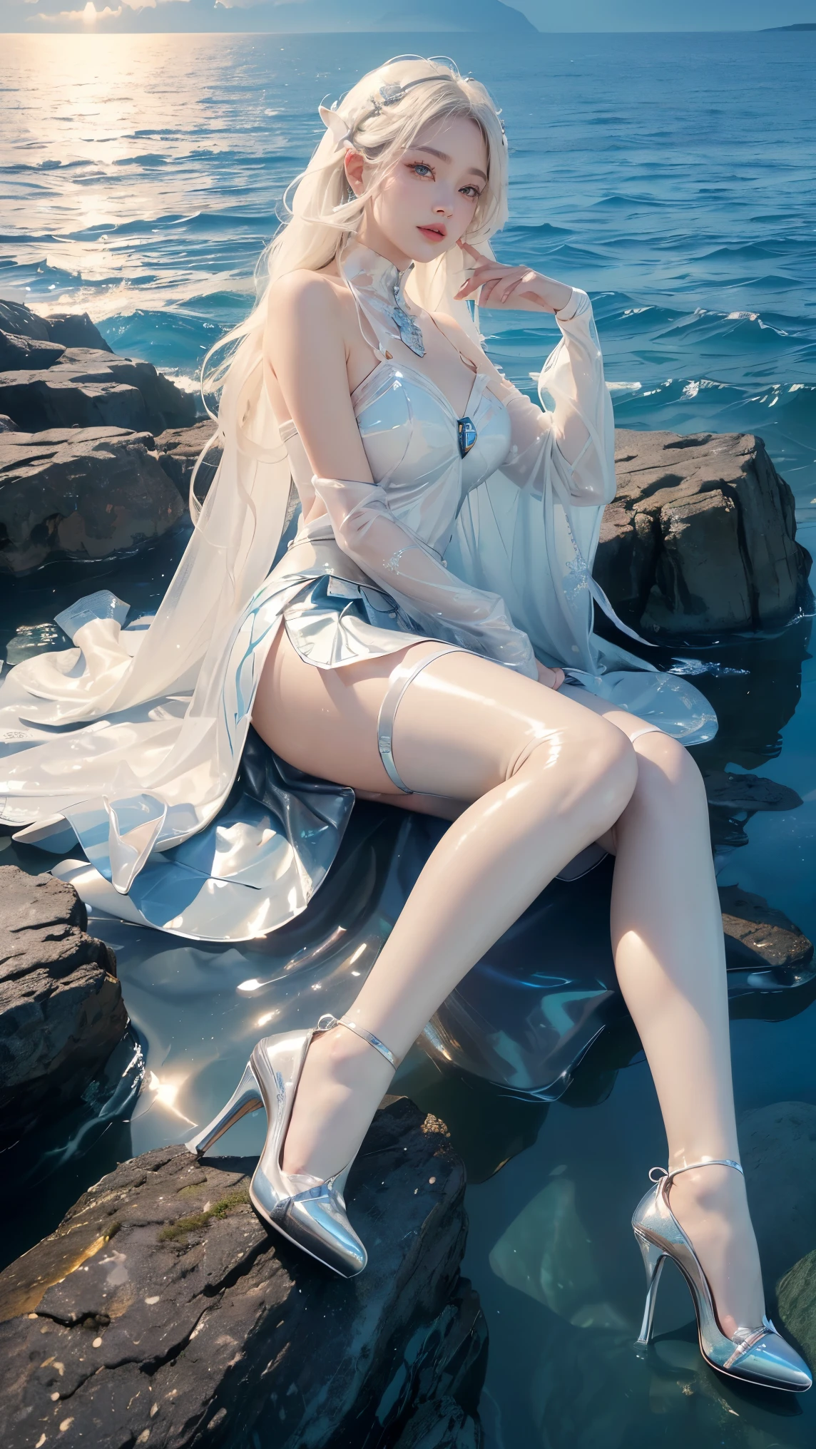 woman with white hair, Cinematic, semi-realistic, art style, 4k, detailed, delicate hands, brushing against hair, long hair,green eyes, river background, beautiful, sparkles, walking trough the water,water moving against her legs, realistic,ultra HD, realistic water, reflect, detailed reflection on the water, fantasy ambience, looking at the camera, beautiful body, smiling expression, detailed,withe long dress