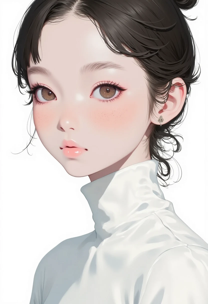 1girl, face close up , brown hair,  bun hair, chinese , anime style, watercolor, flat color, look at viewer, white background