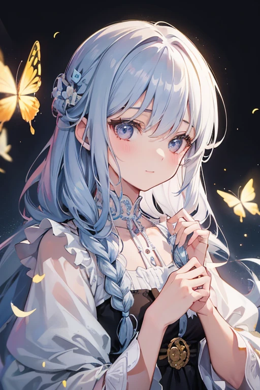 (Overlooking),dynamic angle,Super meticulous,illustratio,closeup cleavage,Looking directly at,1girll,(fanciful:1.4),(Blue eyes:1.233),Her eyes shone like dreamy stars,(glowing light eyes:1.233) ,(美丽细致的眼睛:1.1),(silber hair:1.14),(messy  hair,Very long hair,french braid,Hair between both eyes,Lateral hair),(+(Blue hair flowers:1.14)),(Chiffon dress,Uniform blue flower pattern)/=(army suit:1.24),(Separate sleeves,Wide sleeves),(Fingerless gloves),choker necklace,(miko thighhighs),high heels boots,(face expressionless,Keep one's mouth shut),(standing on your feet), (Classical princess boudoir with dressing table, Floor-to-ceiling windows, white ancient palace),(flor branca,full bloom),(abyssal),(flowingwater),(Dark Blue World Tree:1.14),(废墟),(natta:1.2 ),Dreamy,soul,(fluorescence),(Flying translucent blue butterfly:1.15),[[Delicate fingers and hands:0.55]::0.85],(Finger details),(yubao:0.5),3D