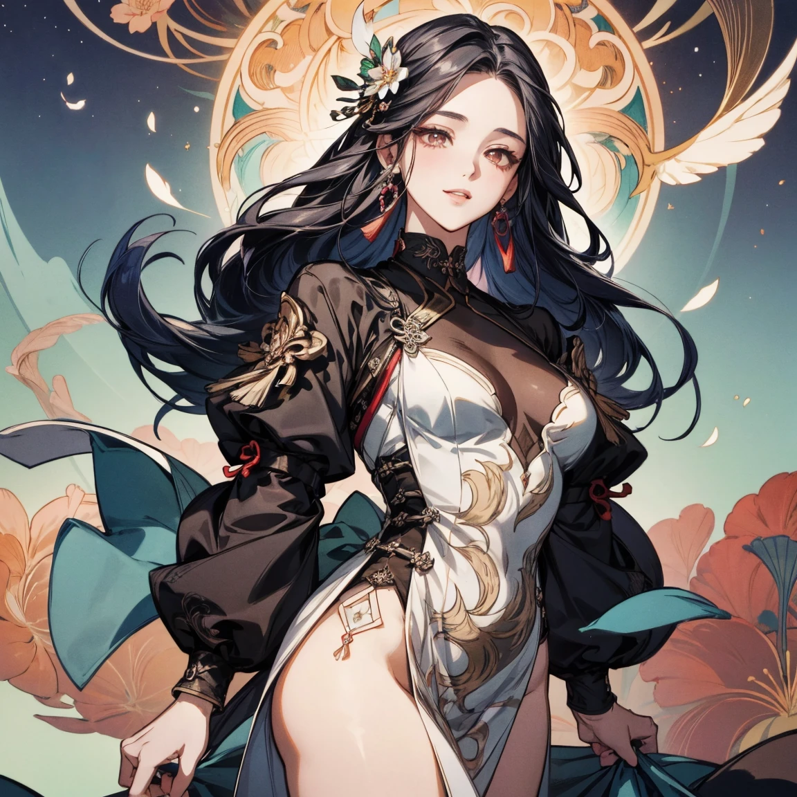A woman wearing gorgeous clothes in ancient China, superlative, long black hair, Chinese-style headdress, intricate and detailed jewelry, blingbling jewelry, wearing Dunhuang-style clothes, like a fairy descending, full of wisdom, fresh temperament, fair skin, long black hair, flowing long hair, messy and scattered hair, afternoon sunset, edge lighting, best light and shadow, best shadow, sparkling, dreamy picture, snowy mountains in the distance, complex clothes, flying Ayara, There is a kind of scent, body fragrance, petals, surrounded by petals, outside the temple in Tibet, 1girl, ultra high definition, complex light and shadow, dancing, light makeup, big eyes, long eyelashes, slim, good-looking long legs, thin waist, will be deeply attracted by the characters in the painting, the most beautiful woman in the world, 25 years old, mysterious, bare feet, gold on the head, wearing a bracelet, seductive expression, pink blush