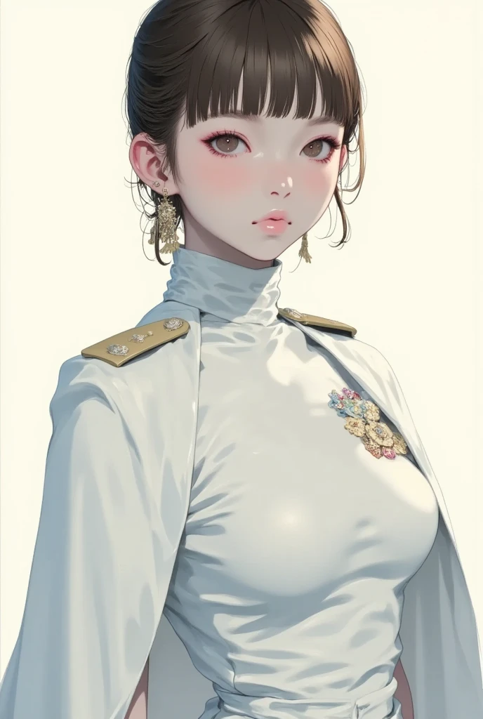 beautiful female soldier, elegant military uniform, decorated medals, cape fluttering in the wind, strong posture, golden hour lighting, cinematic portrait, ultra detailed, soft dramatic shadows, dynamic background, niji, 2.5D, kawaii anime, crayon art, pastel , soft color, soft focus, masterpiece, best quality, absurdes,slanted eyes, chinese