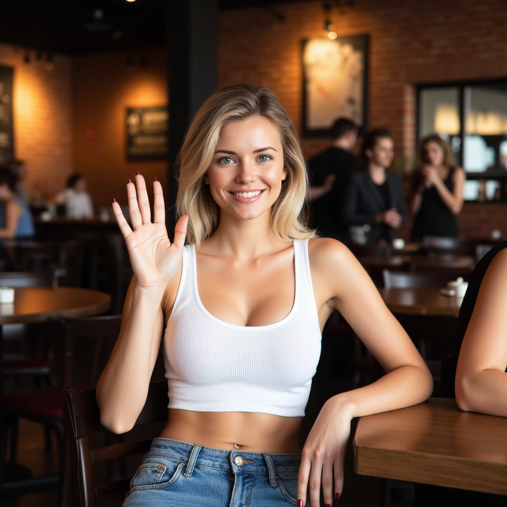A young blond girl with long, wavy hair, wearing a fitted white top and faded jeans, is taking a selfie in a lively bar. She has big, sparkling blue eyes and a radiant smile, showing an expression of joy. She is holding her phone in one hand while making a peace sign with the other. She is wearing silver earrings and a beaded bracelet. The bar is decorated with warm and colorful lights hanging from the ceiling and string lights along the walls. Posters of concerts and colorful paintings decorate the walls. The rustic wooden tables and metal chairs add an industrial touch to the setting. In the background, a crowd of people is visible, chatting and laughing, creating a friendly and festive atmosphere. Upbeat pop music is playing in the background, adding to the joyful vibe of the scene. The people in the background add dynamism and life to the image, enhancing the lively atmosphere of the bar.