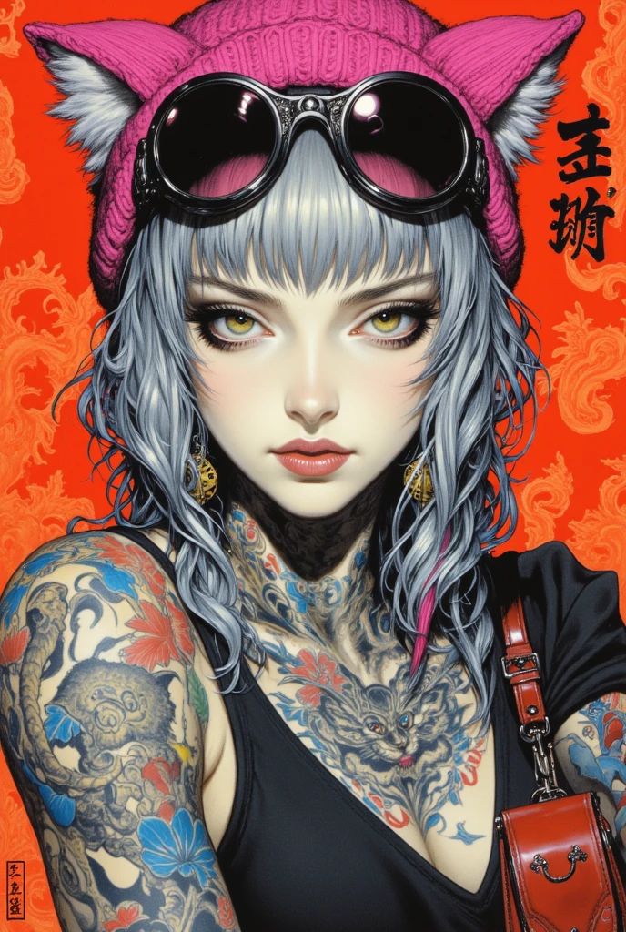 (masterpiece: 1.2, Highest quality),Chihuahua sitting on a Ouija board,Alphabet tattoo on stomach,Dog with a Ouija board、Manga style, rough sketch, Horror elements,
