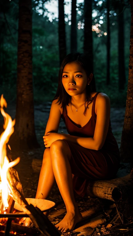 20yo, girl, thai, long hair, pale_skin, wearing RED short dress, BREAK sitting in front of camp fire, against dark forest background, 8k, nikon D7500, 85mm portrait, ultra-detailed,