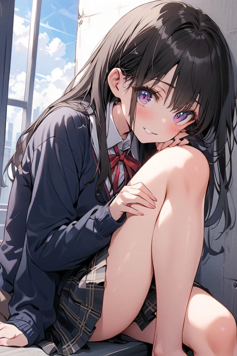 A girl is standing on a train, crying and in disgust. She is topless, wearing no underwear, wearing a checked skirt, her nipples are erect, she has short bob black hair, small breasts, and pale pubic hair. A molester stands facing her and forcibly puts his arm around her shoulders, lifts one of her legs, and inserts his penis into her vagina.