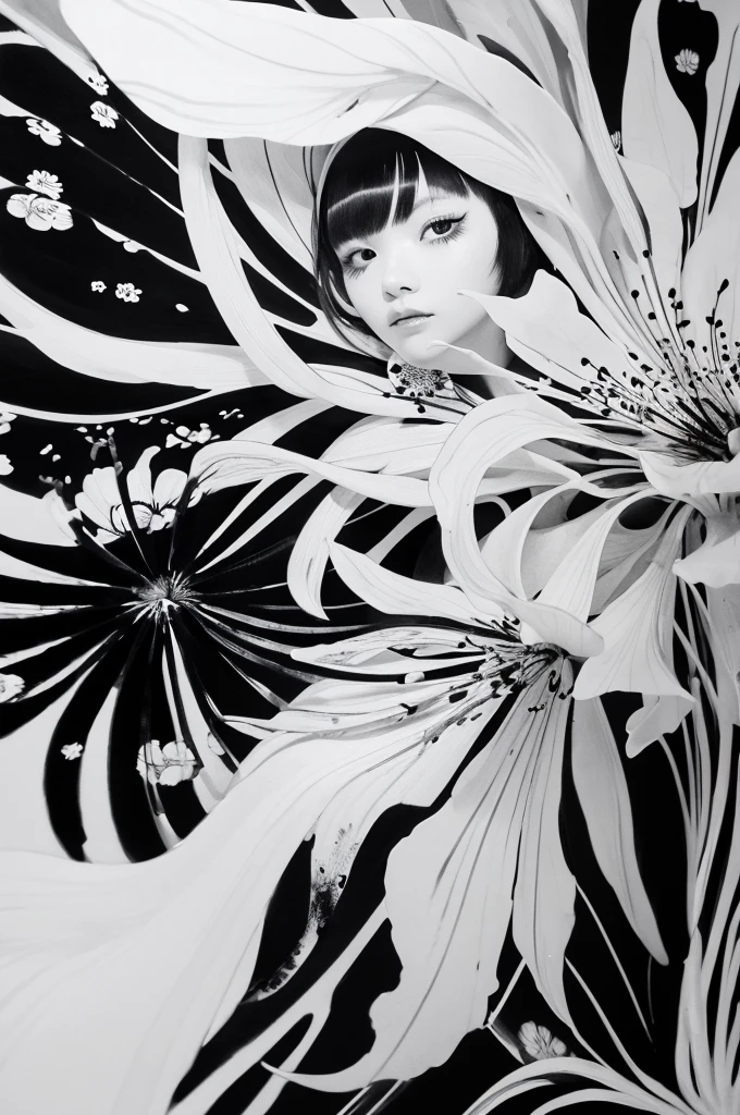 The flowers on both sides form a frame. 額の中にはcoolとライバルの入った女性 glamorous cool Women are black and white but flowers are vibrantly colored Best Quality, Masterpiece, Ultra High Resolution, (Realisticity: 1.4), Original Photo, Cinematic Lighting