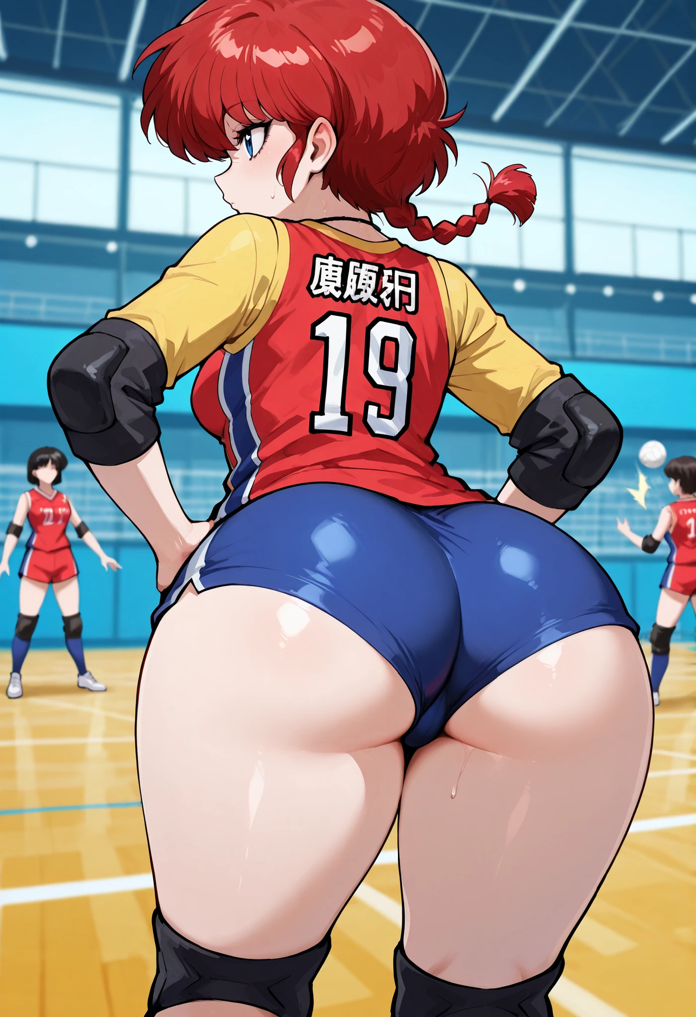 Ranma Saotome. red hair. pigtail. blue eyes. braid. small breasts. huge hips. necklace. black eyeliner. pink manicure. | score_9, score_8_up, score_7_up, score_6_up, score_5_up, censored, source_cartoon, BREAK NM_volleygirl, shorts, 1girl, ass, blurry background, shorts,knee pads, sportswear, short shorts, volleyball uniform, shoes, elbow pads, thighs, shirt, solo focus, long sleeves, face away