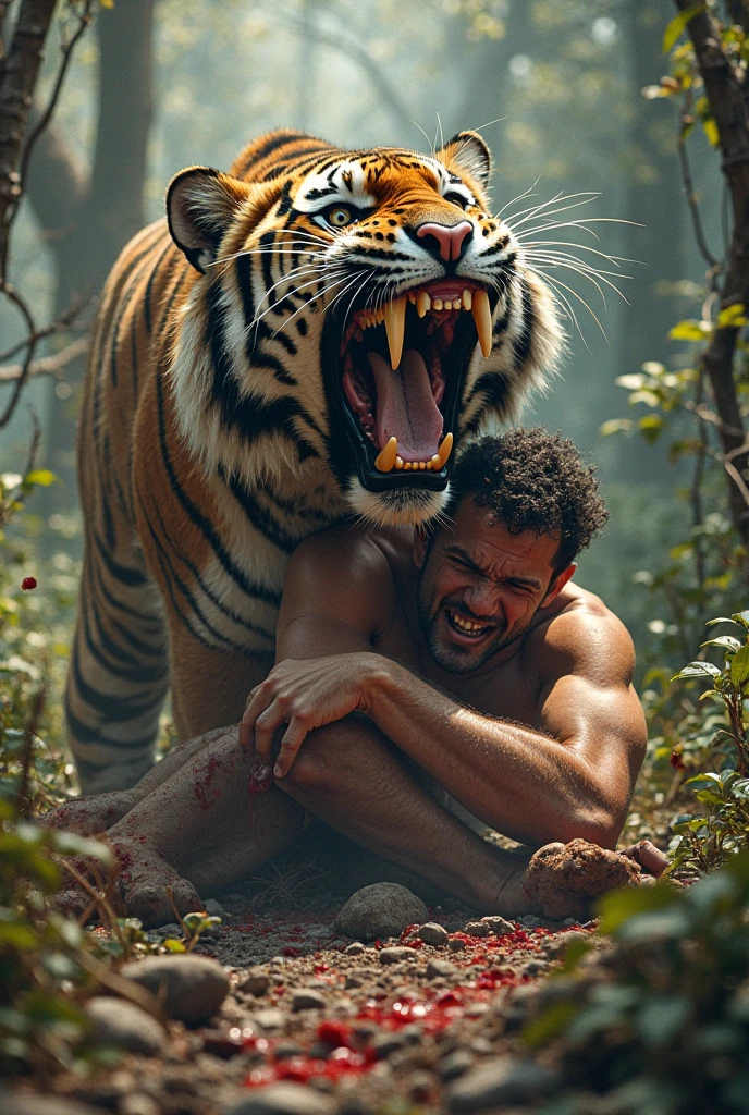 A man is crying because he has a tiger