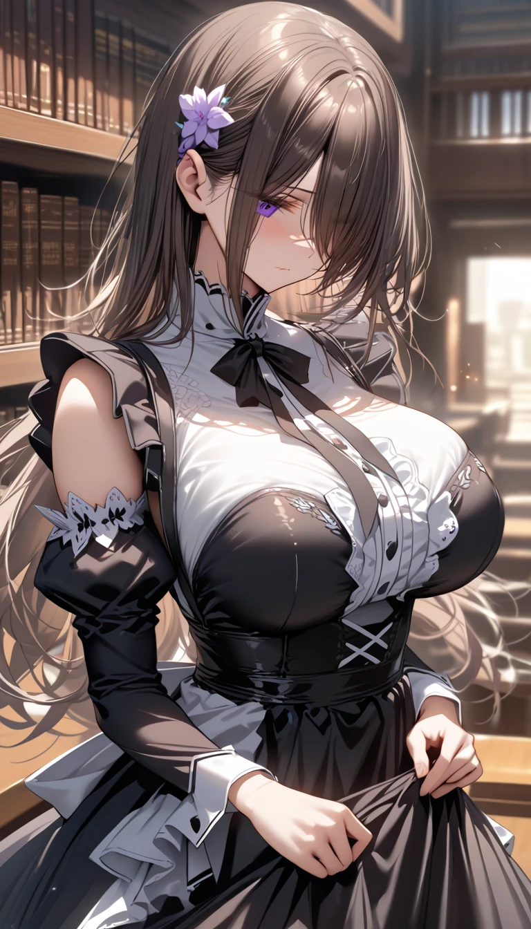 Masterpiece, very detailed, ultra detailed, one, (1 woman), she is in a simple black and white maid dress with blades, and in a fighting position, super mature, tall, milf, mature mother, super long hair, straight hair, with ultra-black hair and straight bangs, black dragon horns, beautiful, charming, glowing blood-red eyes, elegant, large breasts (huge), bare breasts, cheerful breasts, neutral face, charming, dark black background, dark black atmosphere, against the luxurious living room and black energy around her.