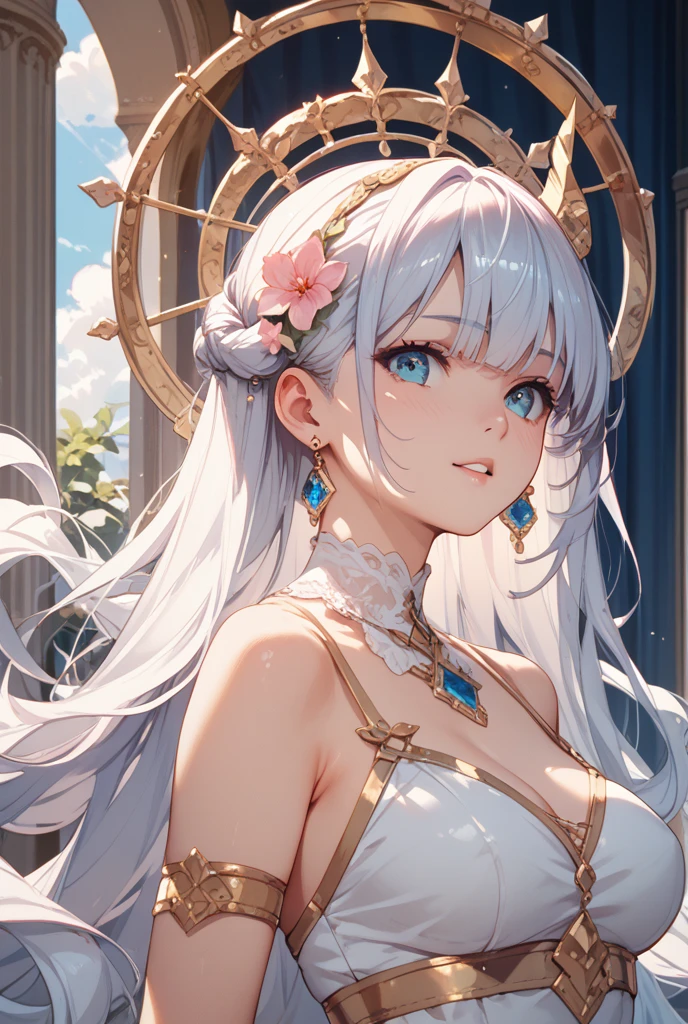 ​masterpiece、top-quality、hight resolution、High-quality images、8K.1womanl、Silver metallic、skin gloss、Texture of skin and clothing、the detail、Detailed eye expression、Lustrous hair、full body Esbian、Platinum Blonde Shorthair、portlate、Lady Dresses、Cheek cane、Happy dreams、Dazzling sunshine、Mucha-esque、