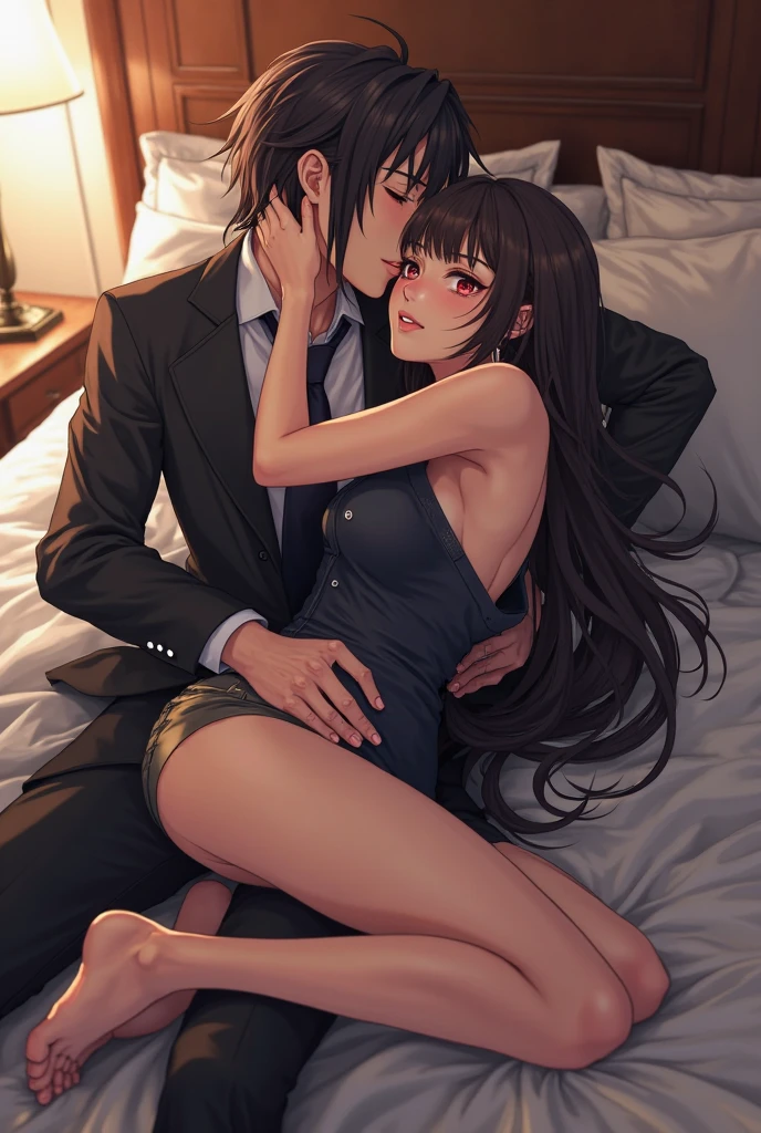 (masutepiece, Digital Art, Digital Illustration, 4K, 8K, Ultra-detailed, beautiful image, Sharp Image, Photorealistic, Raw photo, Perfect face, Perfect lines, Perfect eyes, Soft lighting) 1 woman, (Long Black Hair,straight haired,Bullish gaze,Beautie,Woman in suit、Solid makeup,23 y-o woman,small tits:1.3),Secretary, Two handsome men in suits, (ember,Men in suits,well-muscled,Firm shoulder width,Adult male,Boyish hairstyle,English gentlemanly style,Man in his 30s with a cool expression,28-year-old man with bright smile:1.2),living room full of light、sofas、relaxing sofa、the kiss、kiss、a couple、couple kissing、Romance、ssex、have sex、Wet pubic area、insert 、Rape、Overflowing、Full body painting,(One Girl And One Man,Having sex:1.5),(ember,Adult male,Rubbing the girl's boobs:1.2),Cheek dyeing、gasping face、embarrassed、boredom、begging、Unhappy、Greedy expression,Wet pubic area、 xen、Open your crotch wide、Fluttering chest、Wet shirt、Sheer black lace underwear、Underwear to take off、Hold it down from behind、Forcibly inserted from behind、Burning cheeks、Drenched in sweat、Take off your underwear and expose、Insertion into the pubic area、Grasp your chest so hard that the shape of your chest changes、