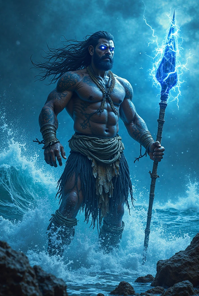 Hyperrealistic image of an African man warrior Poseidon superhero with gray hair and very long hair very old and very sweaty bodybuilder over 80 years old. very muscular and fat, weighs more than 200 kilos with a bare torso, large flaccid pectorals, brown nipples and big gray mustaches with huge tattooed arms sitting on a rock in the middle of a stormy sea dressed in a skirt of seaweed conch shells and starfish