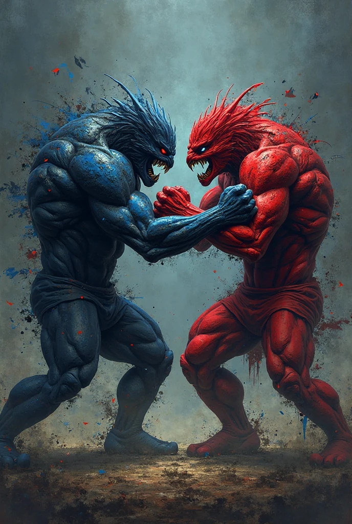 Kneeling, legs spread open, big bulge, arms tied up, dragon , anthro. Red and blue. Tone slim body, both guys kissing