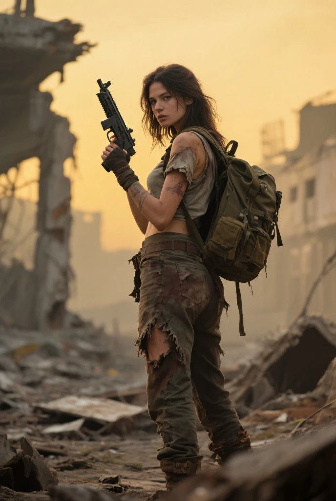A tanned woman with very long hair stumbles through the streets of a destroyed city with a naked upper body, a bleeding bullet wound in her left shoulder, an automatic rifle in her right hand, full of mud, blood, and wounds, and wearing a torn skirt. Explosions and fires everywhere ravage the ruined city.