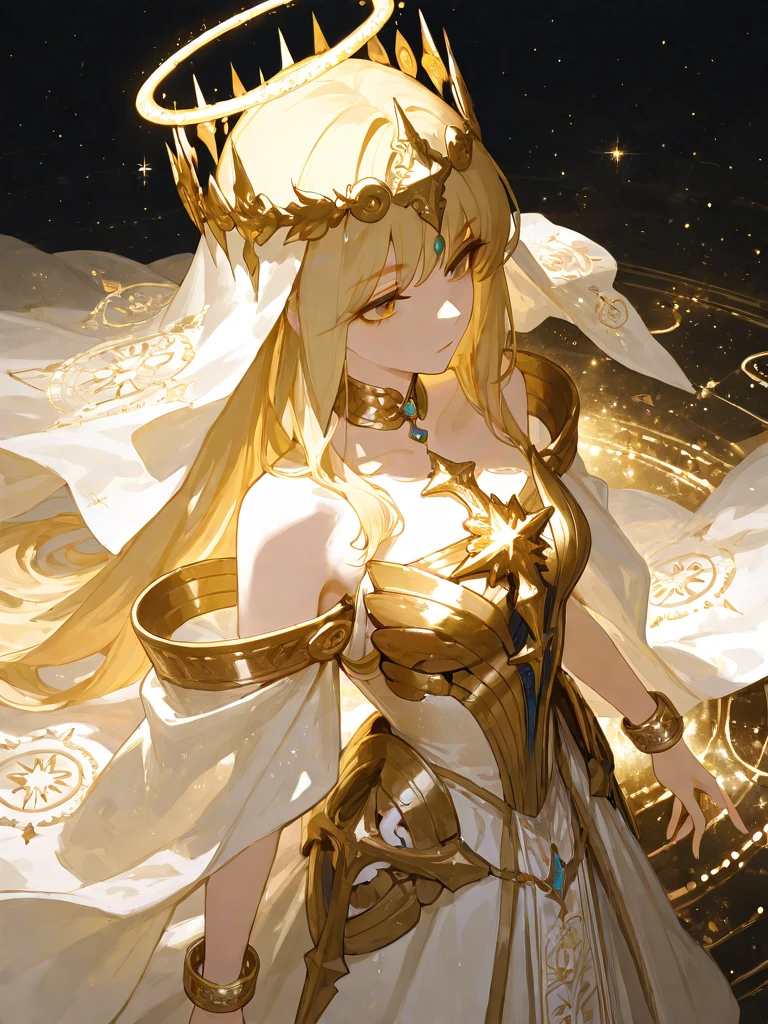 Golden Goddess Freyr, A majestic goddess of love and magic, Her hair is a string of stars, Her eyes sparkle with mysterious power.her hands sparkle,Warm and inviting.Her presence is a light of hope and joy.Her golden halo is a sparkling aura of love and protection..perfect face,Correct body proportions,Ultra-high quality output images,ultra high resolution,intricate details,Very delicate and beautiful hair,Photographic Realism,fantastic,professional lighting,Realistic shadows,focus only,beautiful hands,beautiful hands指,Detailed finger features,Detailed clothing features,Detailed hair features,detailed facial features,miniskirt,sit on the floor