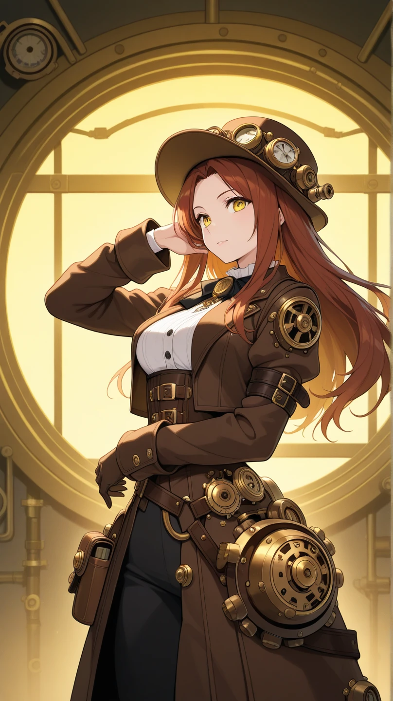 high quality, masterpiece, best quality, detailed background, intricate, saturated, official art, 1girl, Naoko Takeuchi, small breasts, zesty, cunning, steampunk tan background
