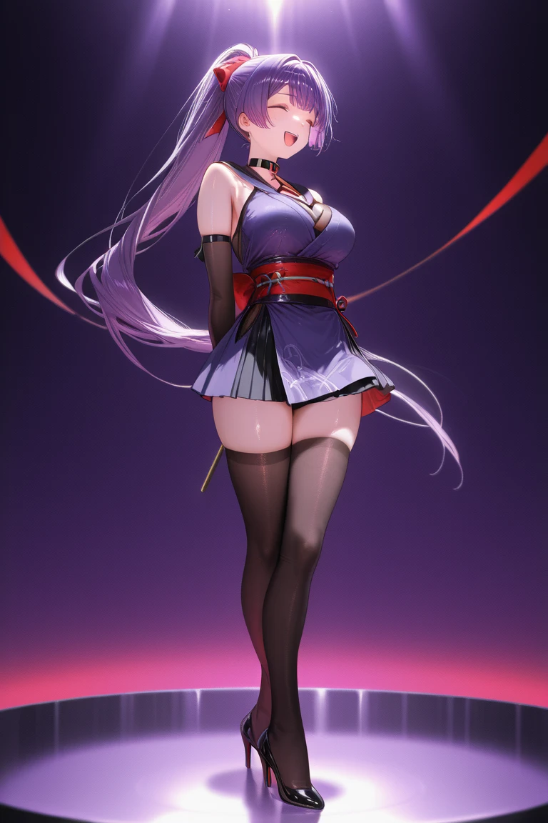 (best quality,highres,masterpiece:1.2),ultra-detailed, 1 girl, harmonious finger proportions, shiny skin, evil smile, little girl, arms up, armpits, sweat, steam,arms behind head,squatting,serafuku,thick thigh,covered nipples, pleated skirt, narmaya, purple kimono, bandages