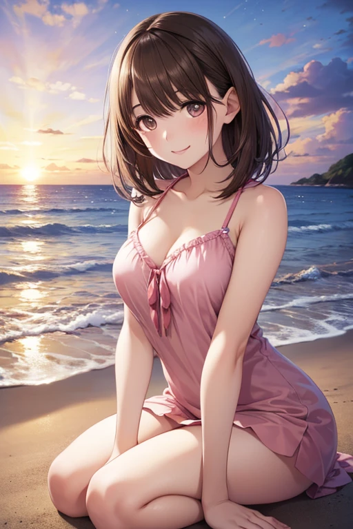 Maho Nishizumi,
Pink Swimsuit,Pink Skirt,
Semi-short hair,Brown Hair,Brown Eyes,Big Breasts,
Confused expression,blush,Open your mouth,From the side,
Sunset beach,Seaside,Sit on the ground,
Beautiful image quality,