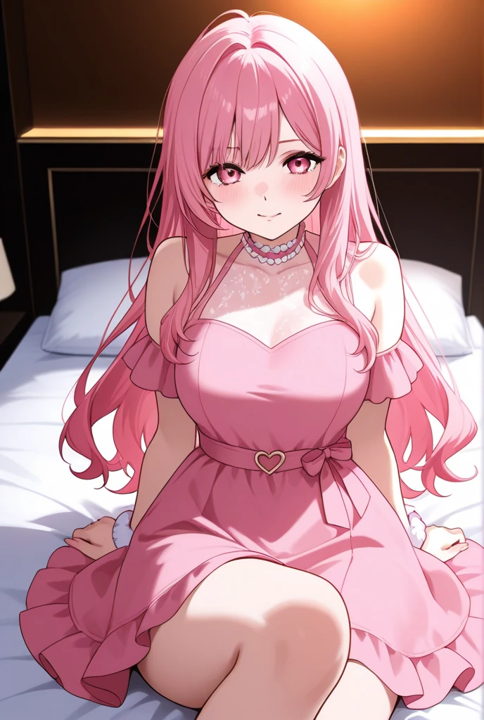 masterpiece, best quality, highres, chika1, fujiwara chika, night dress, lace lingerie, breast out, red ribbon, blunt bangs, neck ribbon, collarbone, collared dress, large breasts, smile, bed, bedroom, sexy pose, sit, spread arm,