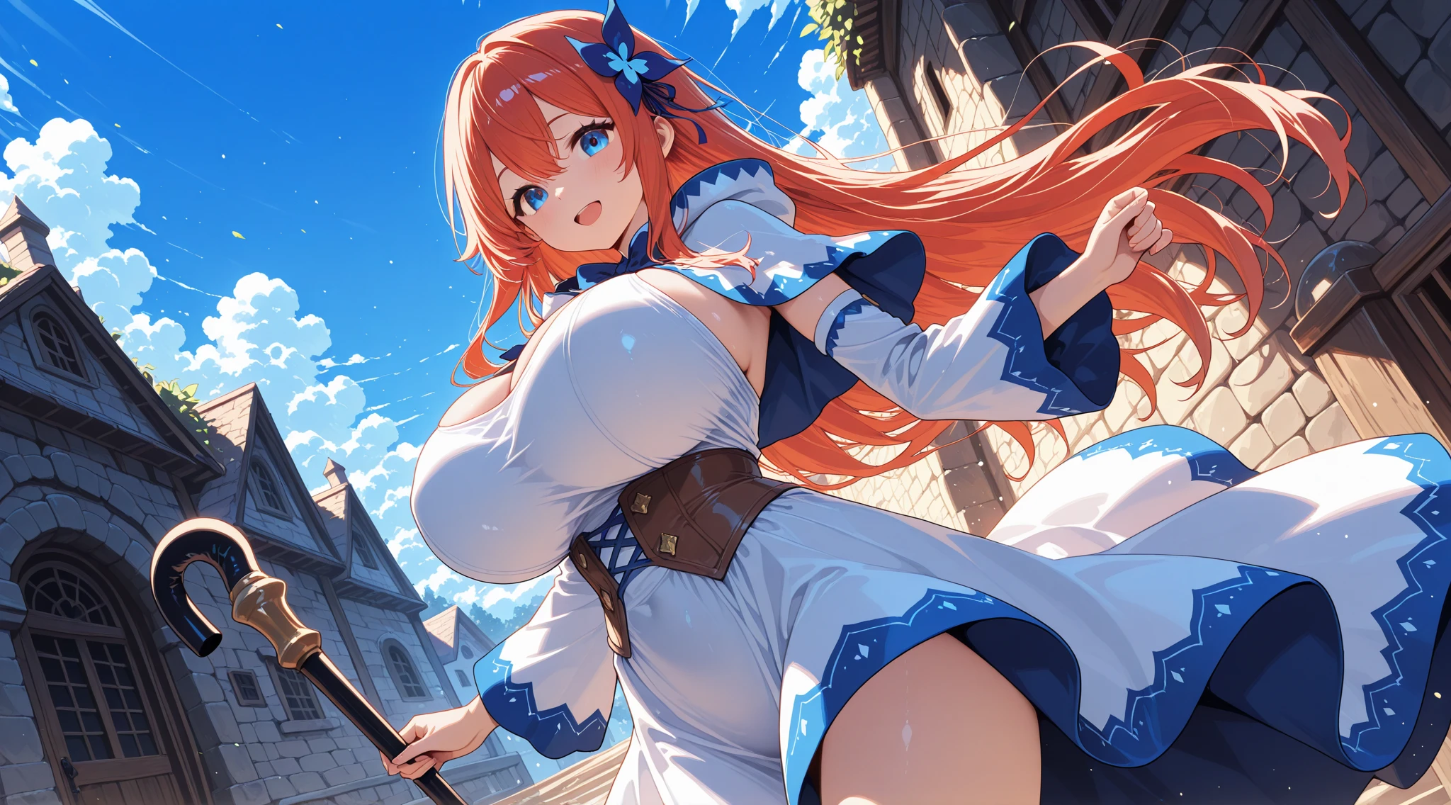 masterpiece　最high quality　high quality １Man Cute Woman　fantasy　adventurer　Inside the dungeon Inside the ruins　Attack with a two-handed sword　Slashing　jump　Princess Knight　older sister　battle　effect　smile　Uplifting　red hair　ponytail　Very big breasts　