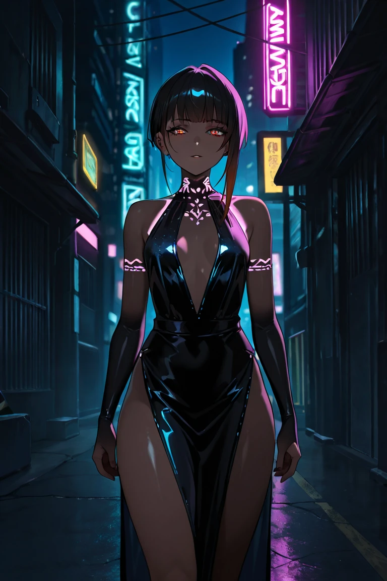 1 hot girl, dark skin, short straight hair, purple high-slit dress, low-cut cleavage, halter neckline, thigh cleavage, street sidewalk, fog, night city