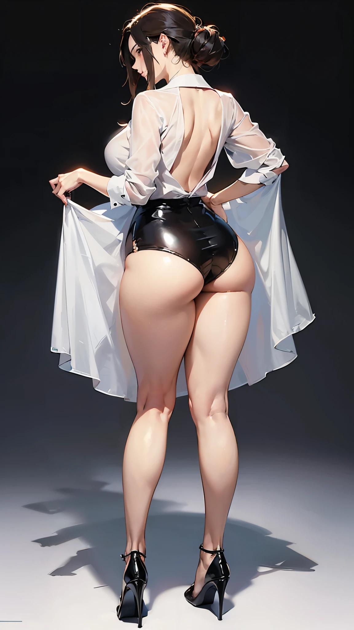 Sexy Mommy Girl, Curvy Body, wearing long dress and boots, viewed from below of the grass.