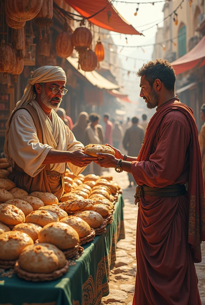 Two Muslim man are standing by a cart: one person is selling something, and the other person is buying it.and a balance place on the cart







