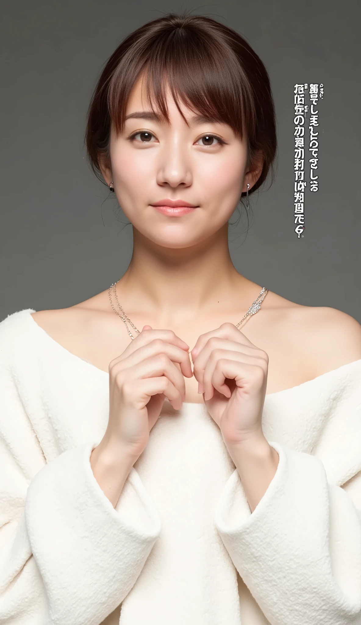 a woman with a cute smile is cute, fluffy off-shoulder pajamas, make a big heart with both hands, posing with arms in front of chest, View above the collarbone、 background is monotone 、