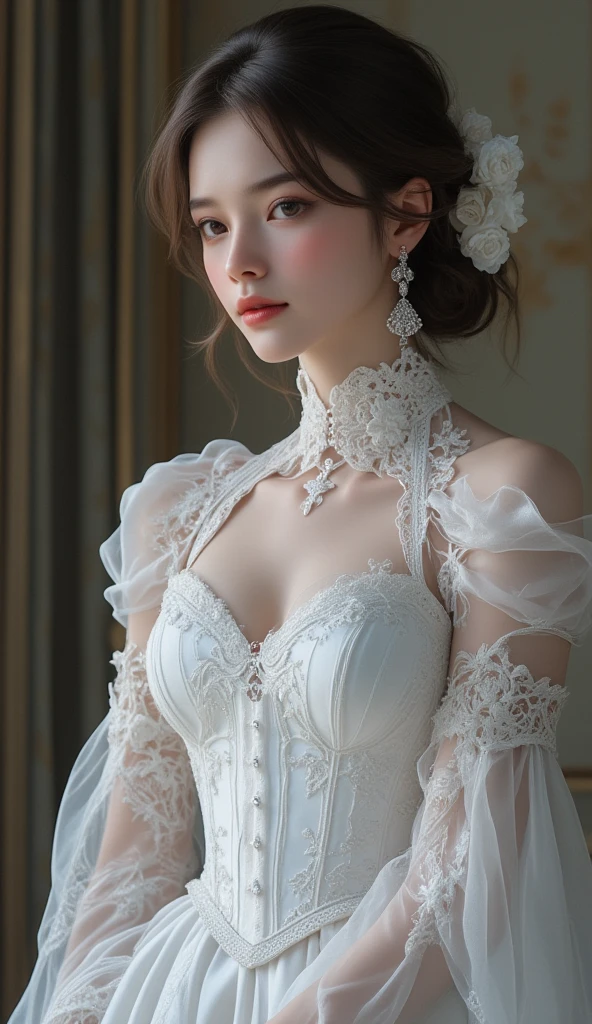 Masterpiece, Best quality, Ultra High Resolution, photorealistic, RAW photo, ultra-detailed face,
break
bride in extravagant avant-garde wedding dress, abstract sculptural form with swirling folds of white fabric, dramatic sweeping shapes and curves, unconventional materials like metal and plastic integrated into design, oversized exaggerated bell skirt, asymmetrical structured bodice with geometric patterns, ornamental embellishments of gemstones and crystals, makeup with bold artistic lines and shapes, hairstyle sculpted into artistic shapes, surrounded by abstract floral elements, avant-garde bridal scene with modern artistic flair