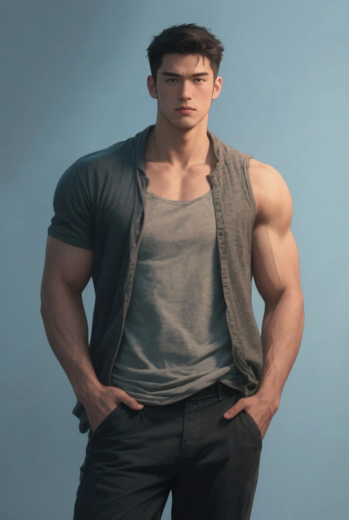 Absurdres, Absurd Amount of Details, Intricate Details, Masterpiece, Best Quality, High Resolution, 8k), (1man), (male:1.2), boyish face, finely detailed eyes and face, lean body, rugged yet refined appearance, fair complexion with boy-next-door charm, bisque skin, peach crew cut hair, dark gray eyes, lavish details, glowing runes, leaning against a railing with one hand on hip, finely detailed background, Depth of Field, VFX