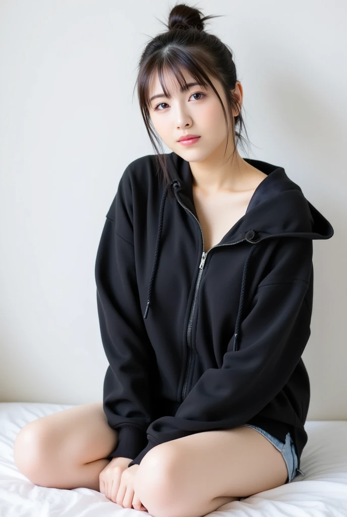 masterpiece, best quality, illustration, Super detailed, fine details, High resolution, 8K,wall paper, perfect dynamic composition,(Details High quality, realistic depiction of eyes:1.3), (Oversized Light Gray Hoodie:1.2), Erotic Shorts, big breasts, short bob hair、black hair color, Big Natural Color Lip, bold sexy pose, (perfect body shape), crying a little、Harajuku style、20 year old girl、cute type、lolita、beautiful legs, hotel room, gravure idol