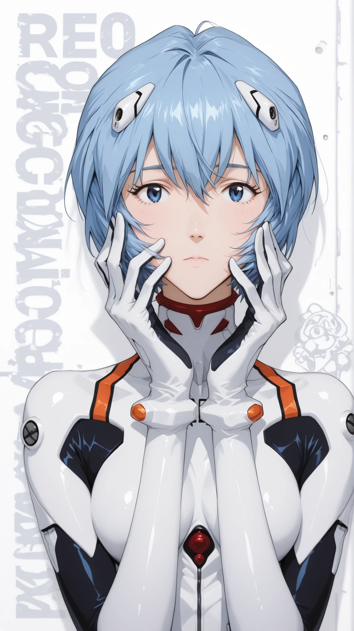 Ayanami Rei
Ayanami Rei、girl in black、short hair、white bodysuit、plug suit on background、pilot suit、place your hands on your cheeks、upper body up、white background