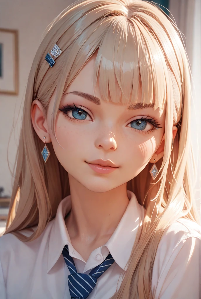 A selfie portrait of a beautiful blond girl, dark blonde hair ((chanel style)) with pink highligts. frowned face, chapped lips, sunset lights coming from the window behind her (masterpiece), ultraharp blue eyes, soft glow, warm lighting, detailed expression, realtoon3D