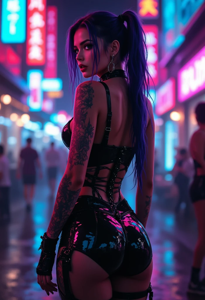 (masterpiece, top quality, best quality, official art, beautiful and aesthetic:1.2), (1girl:1.4), full body, ([pink|blue] hair), extreme detailed,(fractal art:1.3),colorful,highest detailed,((Mechanical modification)),(modification), Maiden, Half-sitting, A complex mechanical conduit is inserted into the back,catheter, neon background, neon city,night,large breasts, gothic_lolita, high heels, nsfw,makeup,blush,
