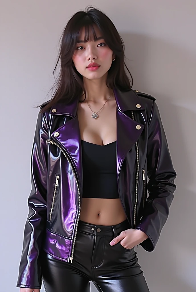 Cute Punk Girl、whole body、good style、、、、Glowing shiny purple swimsuit、、、punk jacket、、、、cyber city、long black hair